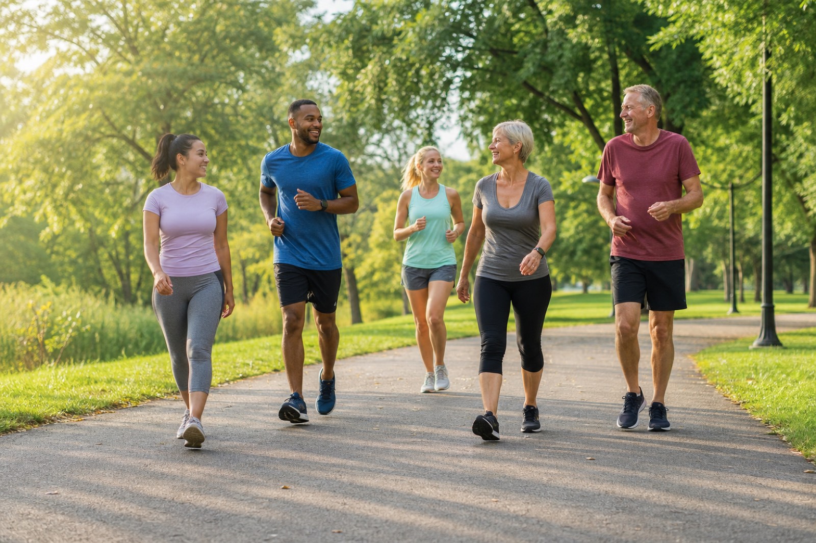Diverse group of active, healthy adults walking together in a sunny park