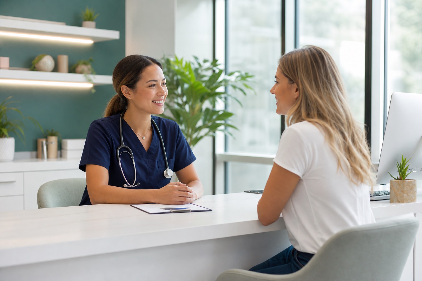 Friendly clinician consulting with a smiling patient in a bright wellness clinic