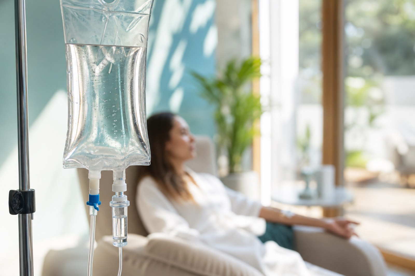 IV hydration drip in a bright, calming wellness clinic